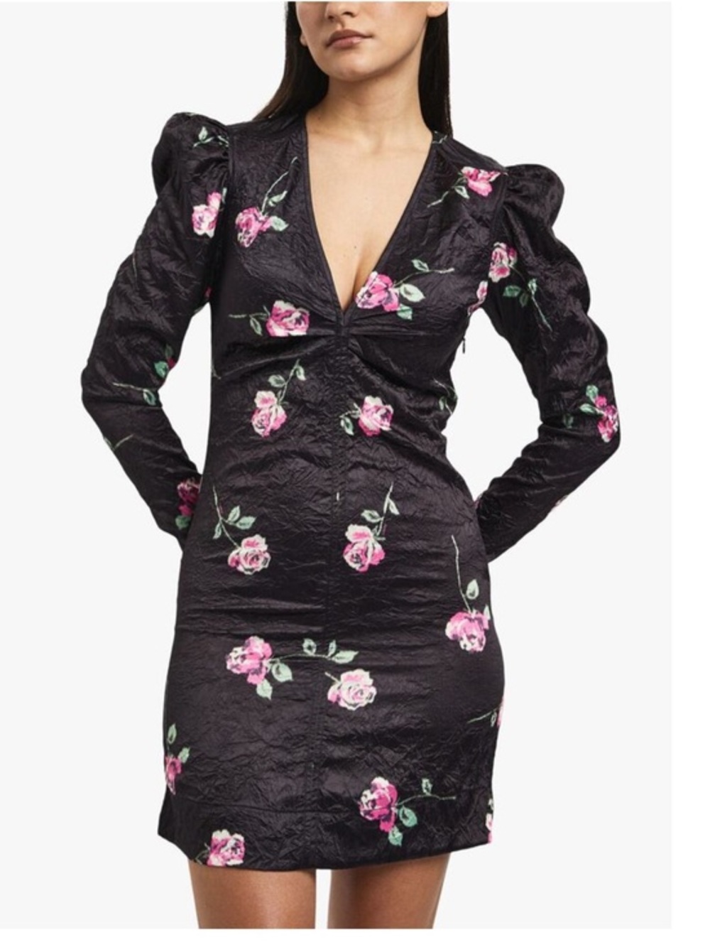 Ganni womens satin crinkle stretch mini dress with long sleeves